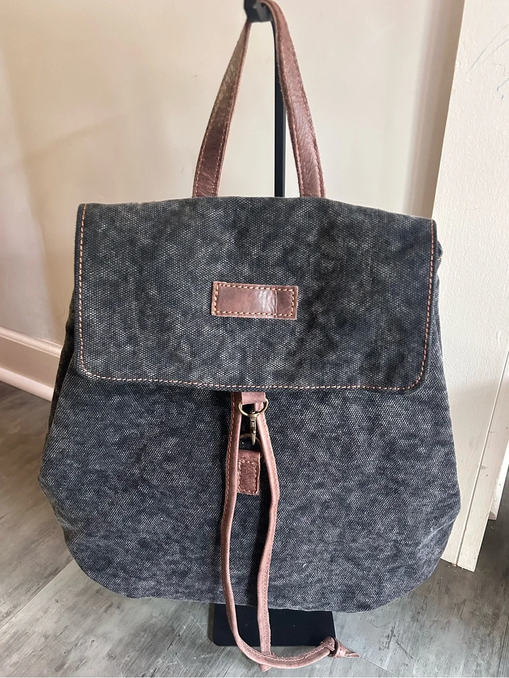 Vintage Addiction Cotton Canvas Leather Backpack Gray Brown Travel Rucksack